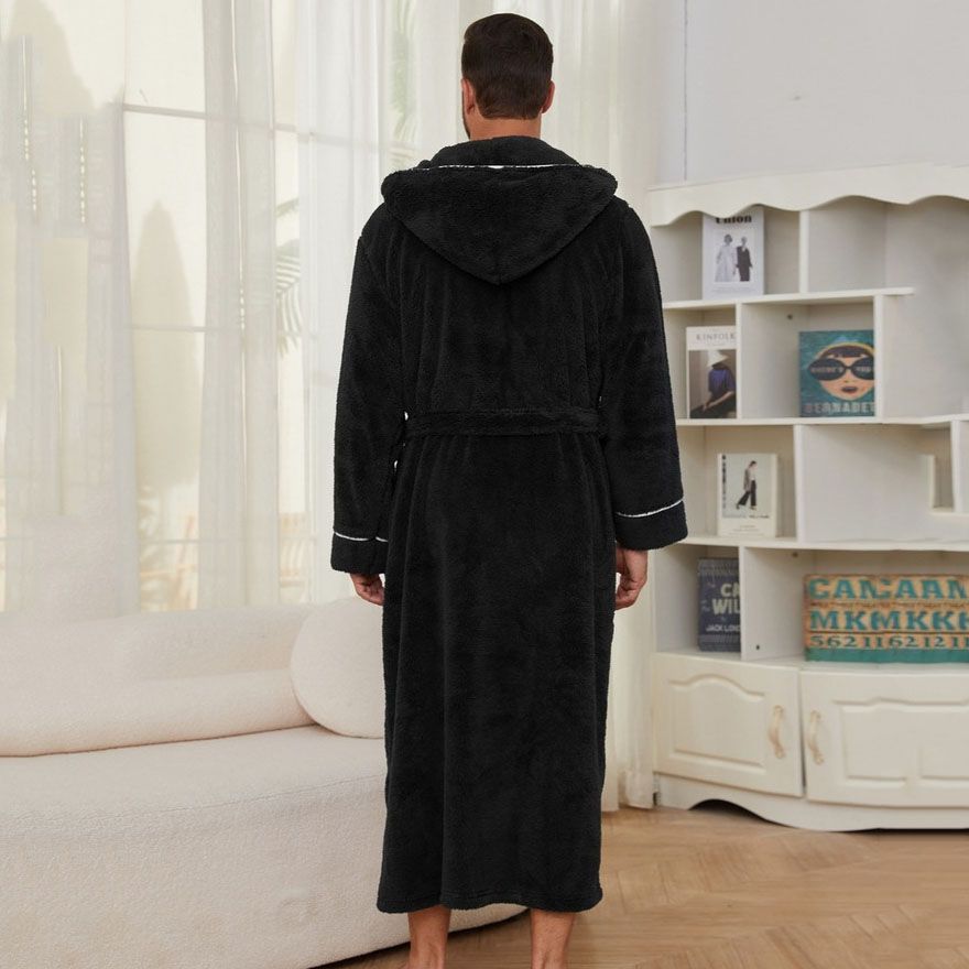 Men's Plush Fleece Hooded Bathrobe Black XL Size Shawl Collar Dressing Gown - Thick Warm Soft Winter Loungewear with Belt Deep Pockets Machine Washable Home Spa Comfort Gift Ready