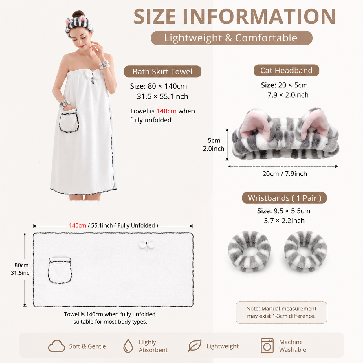 4PCS Spa Set Bath Wrap White bath towel Black and brown stripes Cat Ear Headband Wristbands Coral Fleece Quick Dry Absorbent Skincare Shower Hair Wash Set Home Spa Gift