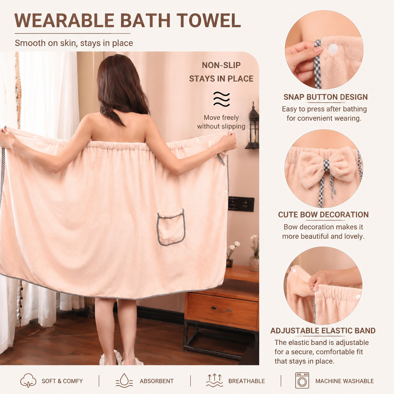 Peach Women's Coral Fleece Wearable Bath Towel Wrap - 80x140cm With Elastic Band, Snap Button and Pocket for Home Spa Travel