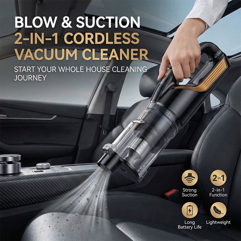 (Black and gold)Cordless Handheld Vacuum Cleaner - 2 in 1 Blow and Suction - Cyclone Dust Cup, Car and Home Use