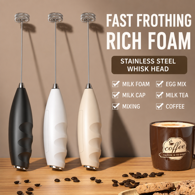 #07 Khaki Handheld Electric Milk Frother - Battery Powered Dual Whisk with One Touch Control, Detachable Easy Clean Stainless Steel Heads for Coffee Milk Foam and Baking