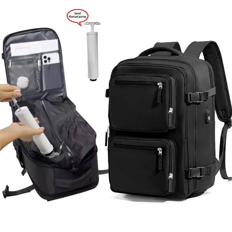 Black 35L Vacuum Compression Travel Backpack with Manual Air Pump, Shoe Zone and 15.6" Laptop House - Waterproof Suitcase Style Carry On Bag for Men Women Business Commute