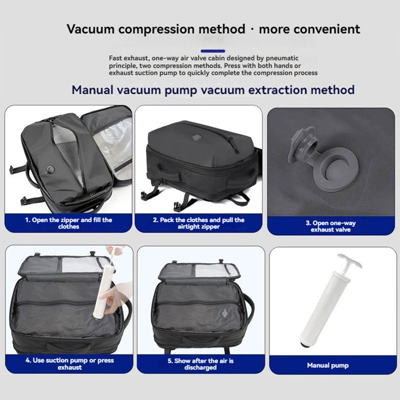 Black 35L Vacuum Compression Travel Backpack with Manual Air Pump, Shoe Zone and 15.6" Laptop House - Waterproof Suitcase Style Carry On Bag for Men Women Business Commute
