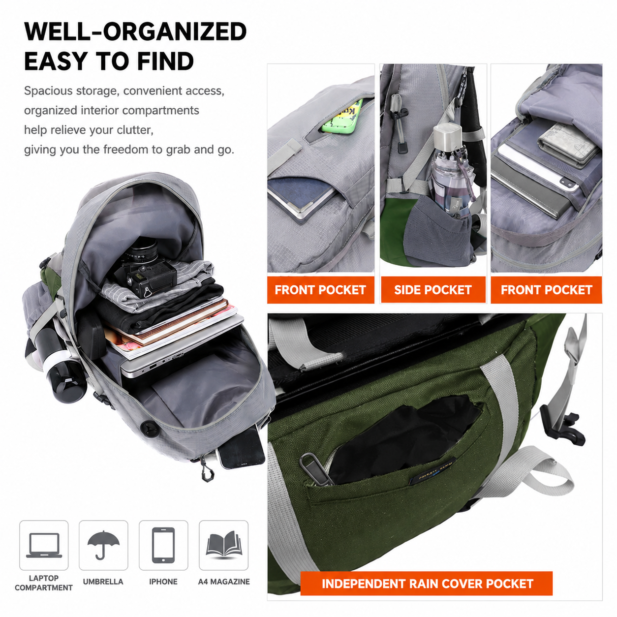 40L Black Lightweight Outdoor Hiking Backpack with Detachable Suspended Frame & Rain Cover - Waterproof Travel Daypack, Multi-Pocket Storage and Gear Attachments for Trekking Camping Cycling Adventures