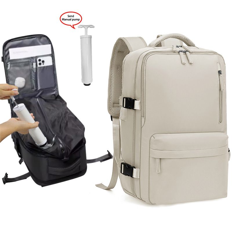 Beige 35L Vacuum Compression Travel Backpack with Manual Air Pump, Shoe Zone and 15.6" Laptop House - Waterproof Suitcase Style Carry On Bag for Men Women Business Commute