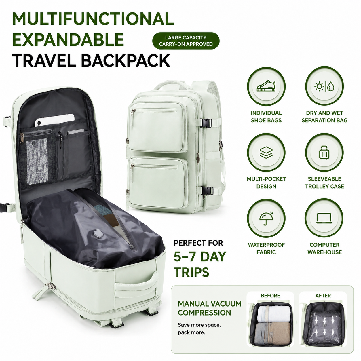 Beige 35L Vacuum Compression Travel Backpack with Manual Air Pump, Shoe Zone and 15.6" Laptop House - Waterproof Suitcase Style Carry On Bag for Men Women Business Commute