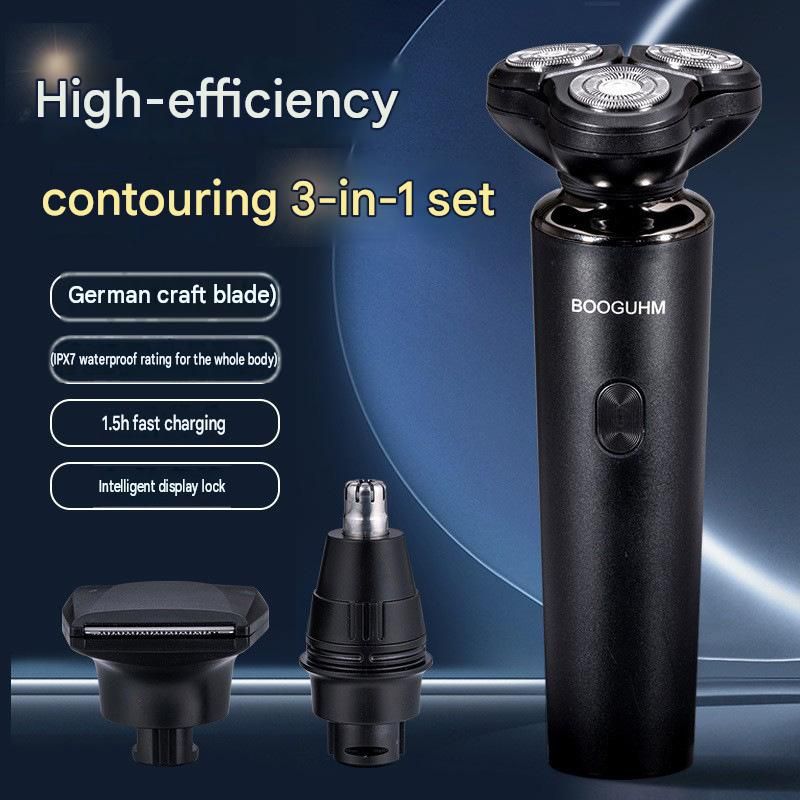 3-in-1 Electric Shaver for Men -  USB Rechargeable, 8D Floating Heads, Travel Lock, Nose & Sideburn Trimmer, Portable Grooming Kit