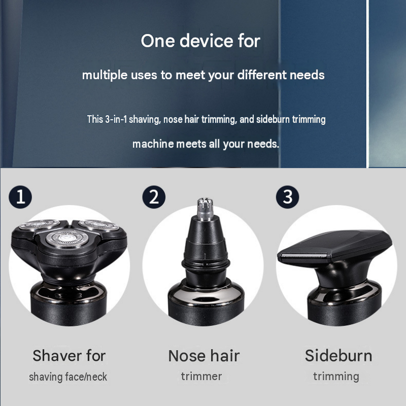3-in-1 Electric Shaver for Men -  USB Rechargeable, 8D Floating Heads, Travel Lock, Nose & Sideburn Trimmer, Portable Grooming Kit