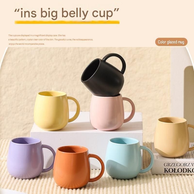 4 pack （Black and White and Green and Blue）Macaron Ceramic Mug 480ml - Large Belly Coffee Cup, Underglaze Colour, Non Slip Base, Ergonomic Handle, Microwave and Dishwasher Safe, Home Office Breakfast Drinkware