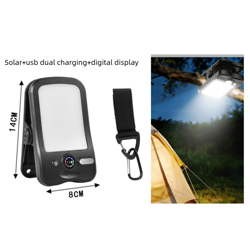 Solar Camping Lantern with Clip Black- 2000mAh USB and Solar Rechargeable, Waterproof Portable Tent Light with Digital Display for Outdoor Hiking Emergency