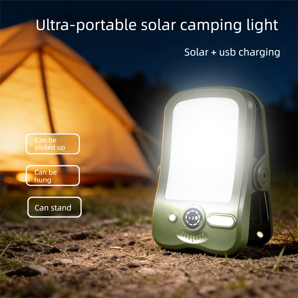 Solar Camping Lantern with Clip Black- 2000mAh USB and Solar Rechargeable, Waterproof Portable Tent Light with Digital Display for Outdoor Hiking Emergency