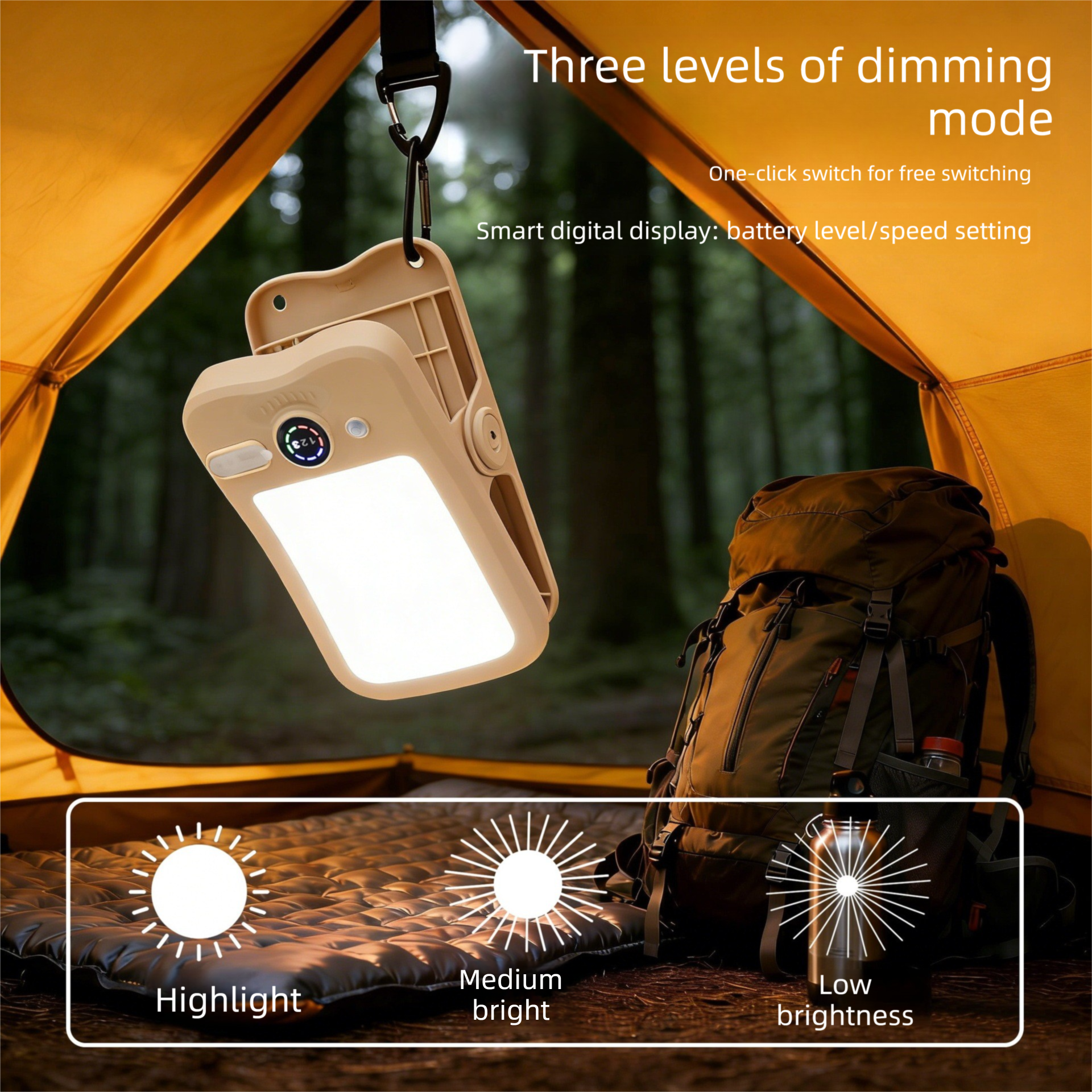 Solar Camping Lantern with Clip Black- 2000mAh USB and Solar Rechargeable, Waterproof Portable Tent Light with Digital Display for Outdoor Hiking Emergency