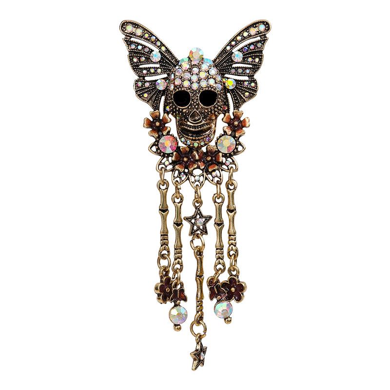 Gothic Skull Butterfly Brooch with Tassel - Vintage Rhinestone Skeleton Pin with Dangling Charms, Dark Aesthetic Statement Badge for Coat Sweater, 11.3cm