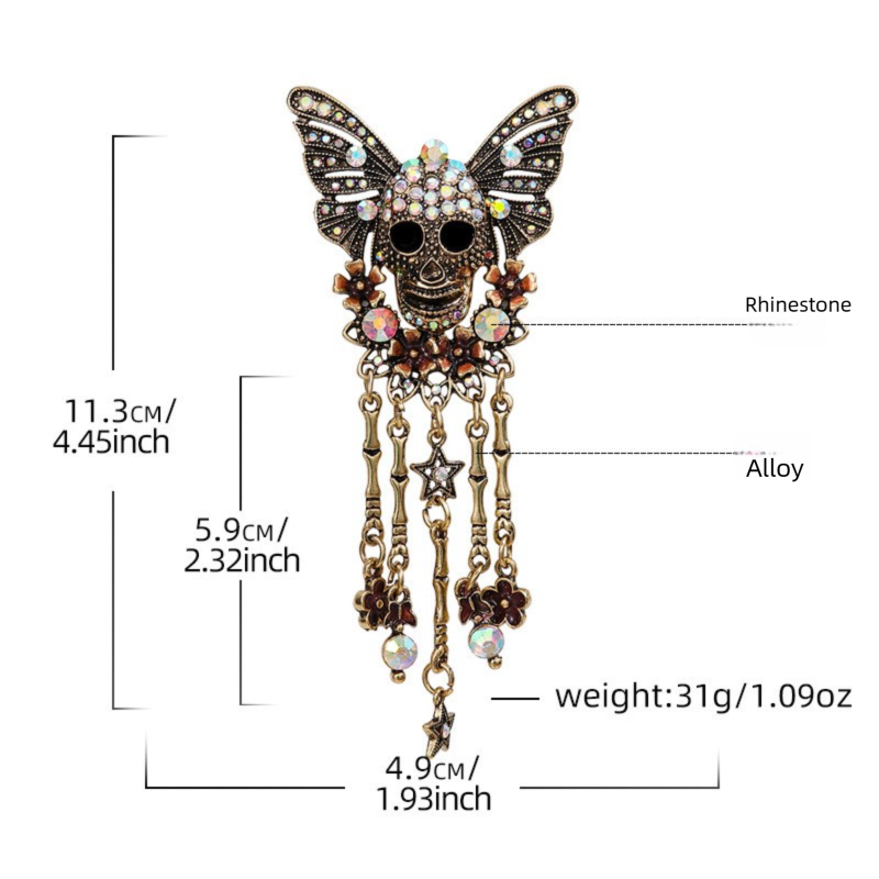 Gothic Skull Butterfly Brooch with Tassel - Vintage Rhinestone Skeleton Pin with Dangling Charms, Dark Aesthetic Statement Badge for Coat Sweater, 11.3cm