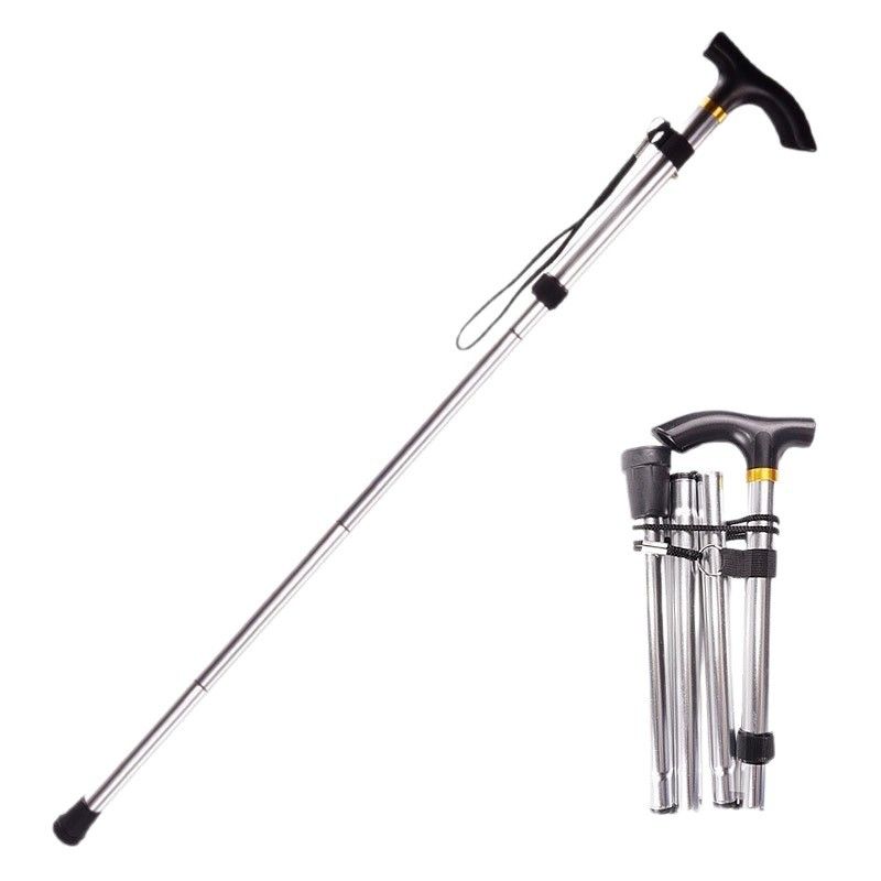 Folding Hiking Stick Silver - Adjustable Aluminum Telescopic Walking Cane, 5-Height Settings 82-95cm, Lightweight Portable Trekking Pole for Seniors and Outdoors