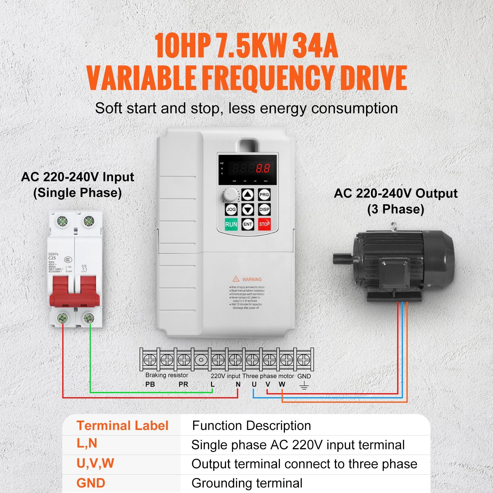 VFD 10HP, 7.5KW, 34A, 1 Phase 220V-240V Input to 3 Phase 220V-240V Output Variable Frequency Drive, 0-400Hz VFD for AC Motor Speed Control