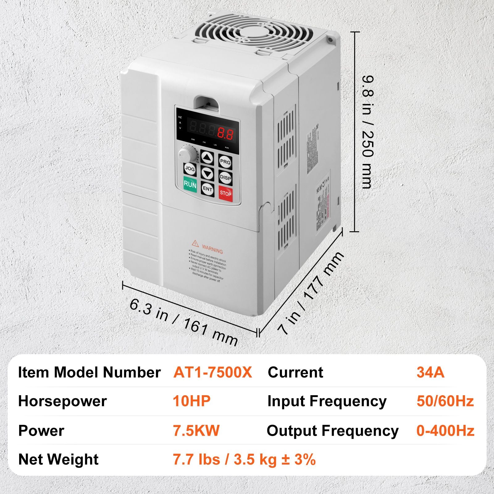 VFD 10HP, 7.5KW, 34A, 1 Phase 220V-240V Input to 3 Phase 220V-240V Output Variable Frequency Drive, 0-400Hz VFD for AC Motor Speed Control