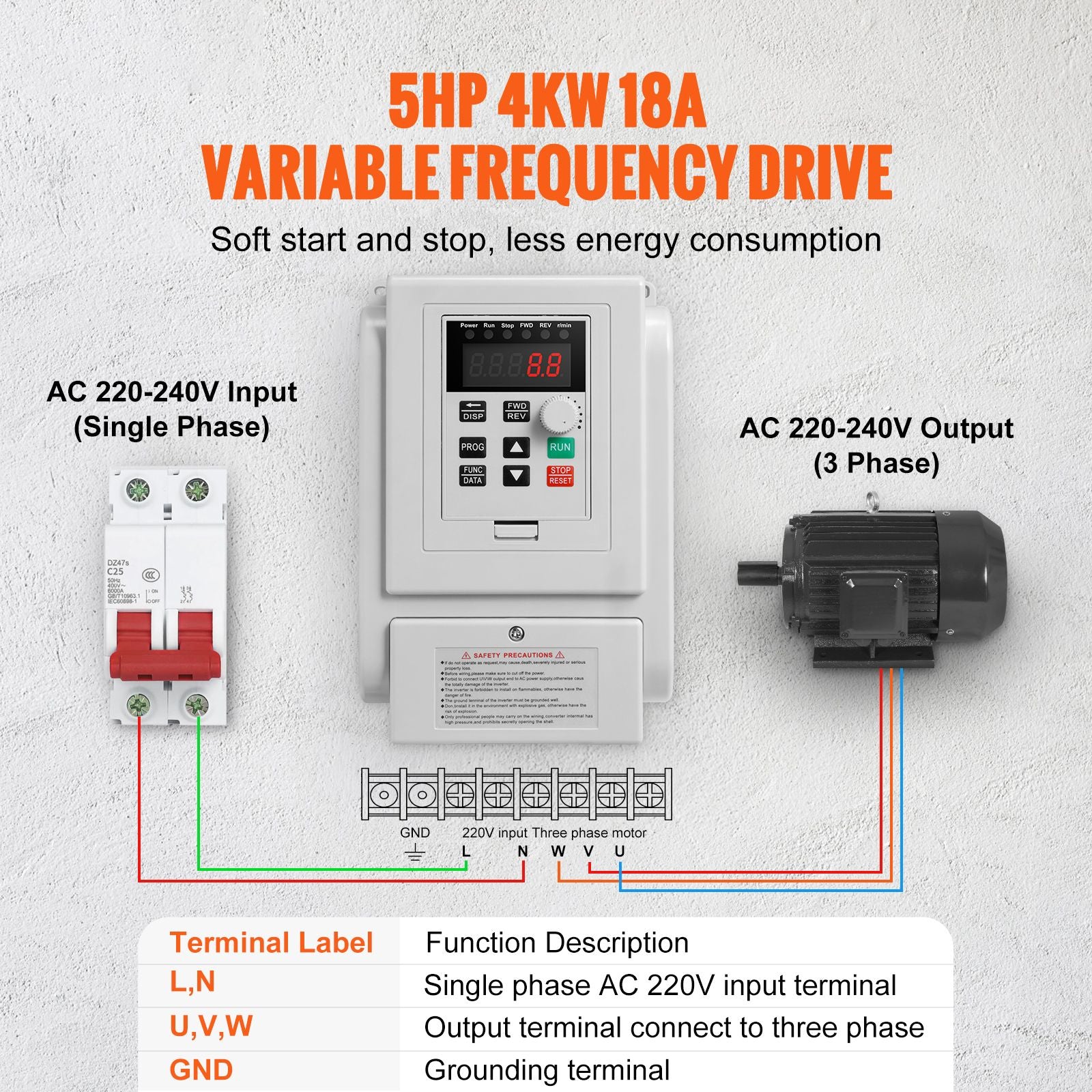 VFD 5HP, 4KW, 18A, 1 Phase 220V-240V Input to 3 Phase 220V-240V Output Variable Frequency Drive, 0-400Hz VFD for AC Motor Speed Control