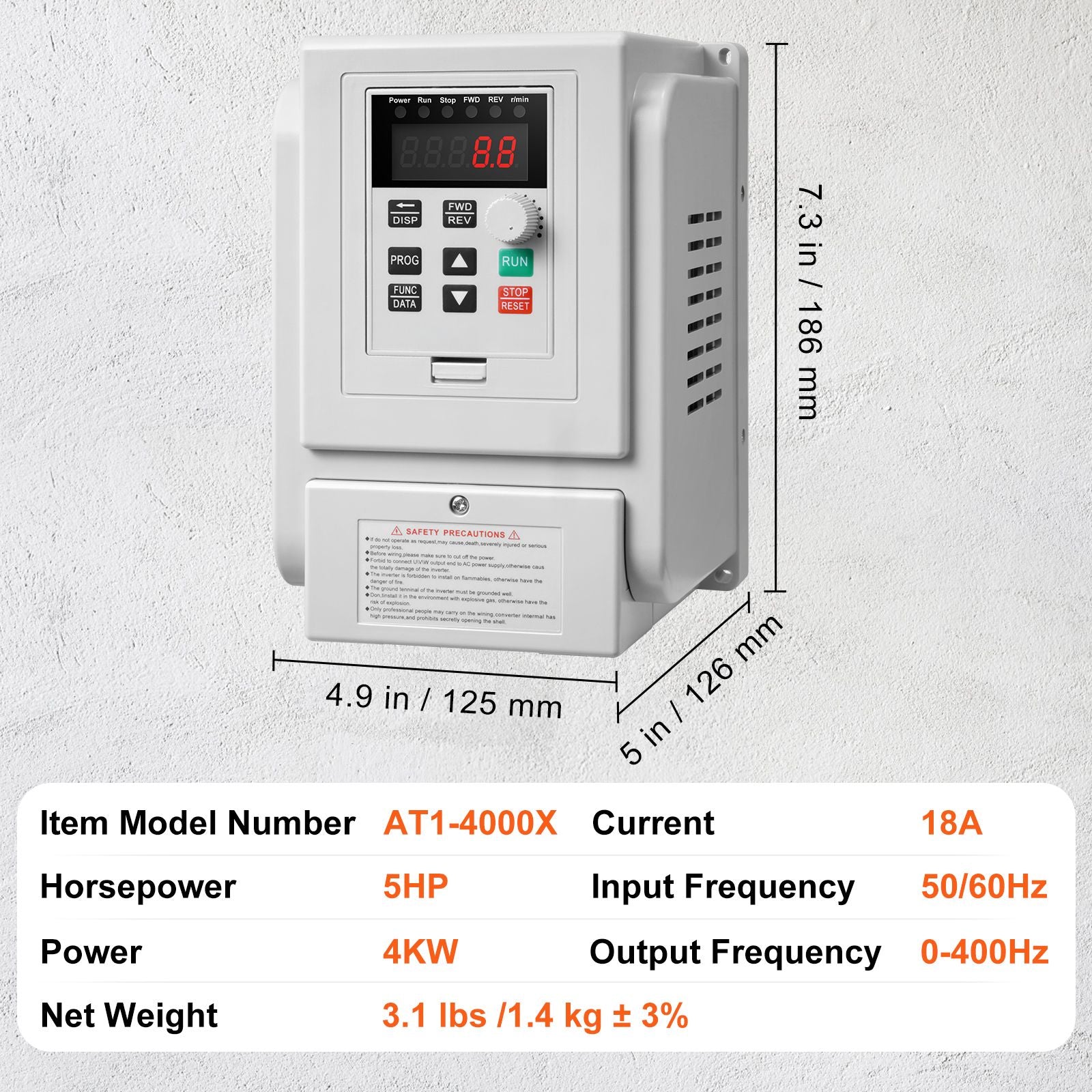 VFD 5HP, 4KW, 18A, 1 Phase 220V-240V Input to 3 Phase 220V-240V Output Variable Frequency Drive, 0-400Hz VFD for AC Motor Speed Control