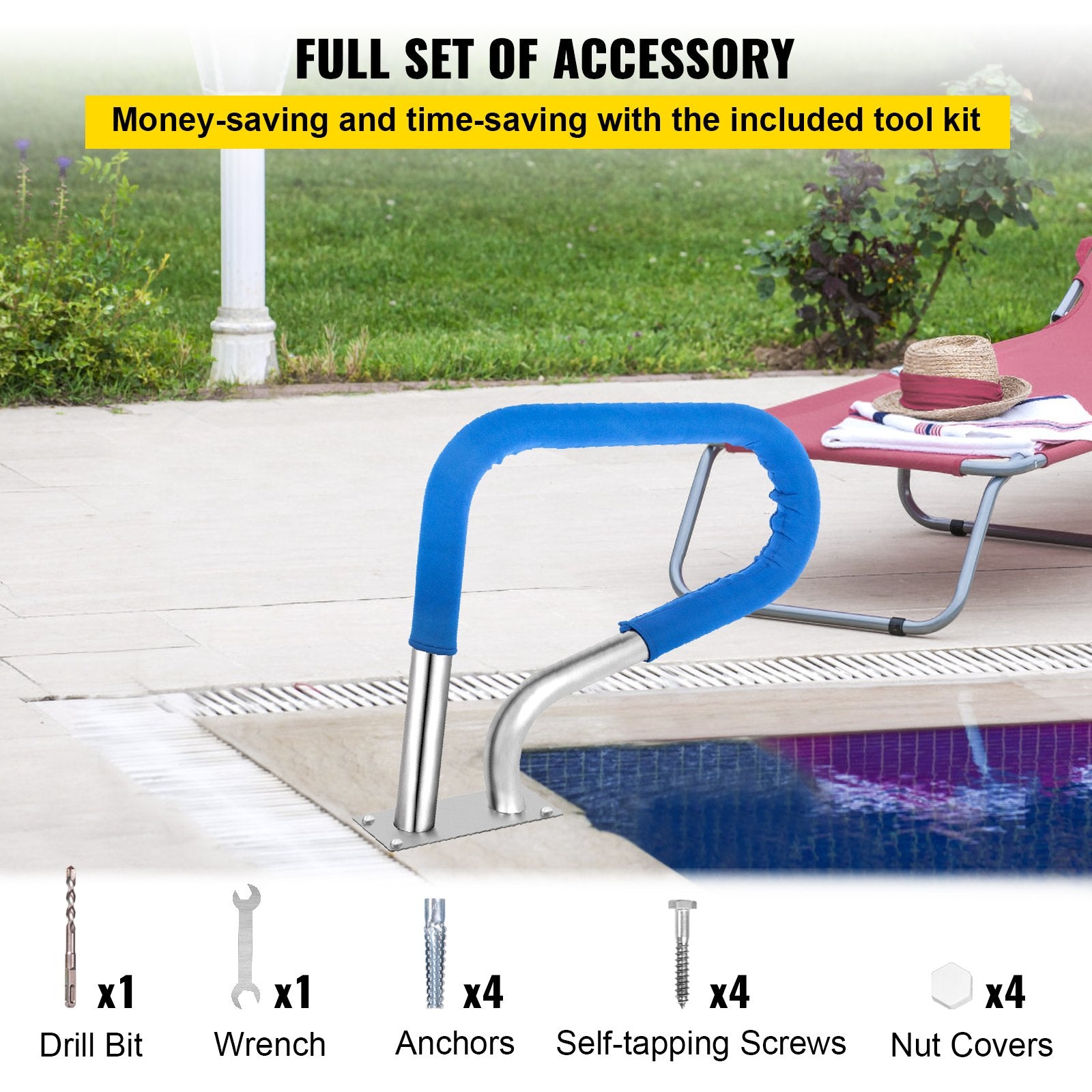VEVOR Pool Rail 32x23 Pool Railing 304 Stainless Steel 250LBS Load Capacity Silver Rustproof Pool Handrail Humanized Swimming Pool Handrail with Blue Grip Cover & M8 Drill Bit & Self-Taping Screws
