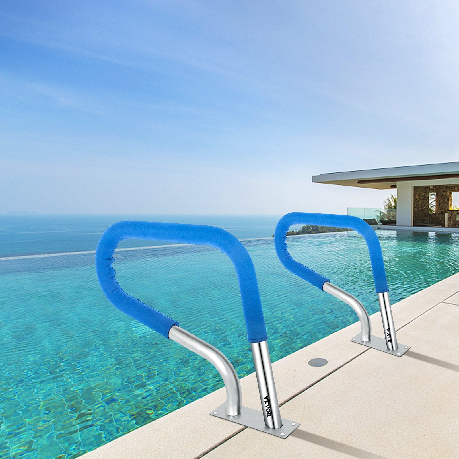 VEVOR Pool Rail 32x23 Pool Railing 304 Stainless Steel 250LBS Load Capacity Silver Rustproof Pool Handrail Humanized Swimming Pool Handrail with Blue Grip Cover & M8 Drill Bit & Self-Taping Screws