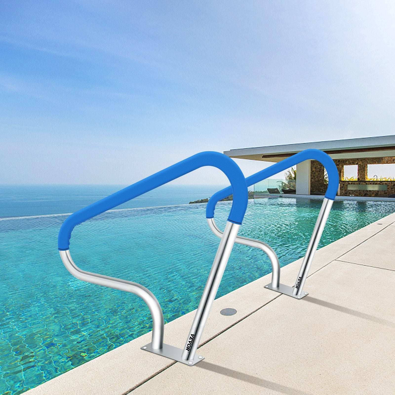 VEVOR Pool Rail 39x32 Pool Railing 304 Stainless Steel 250LBS Load Capacity Silver Rustproof Pool Handrail Humanized Swimming Pool Handrail with Blue Grip Cover & M8 Drill Bit & Self-Taping Screws