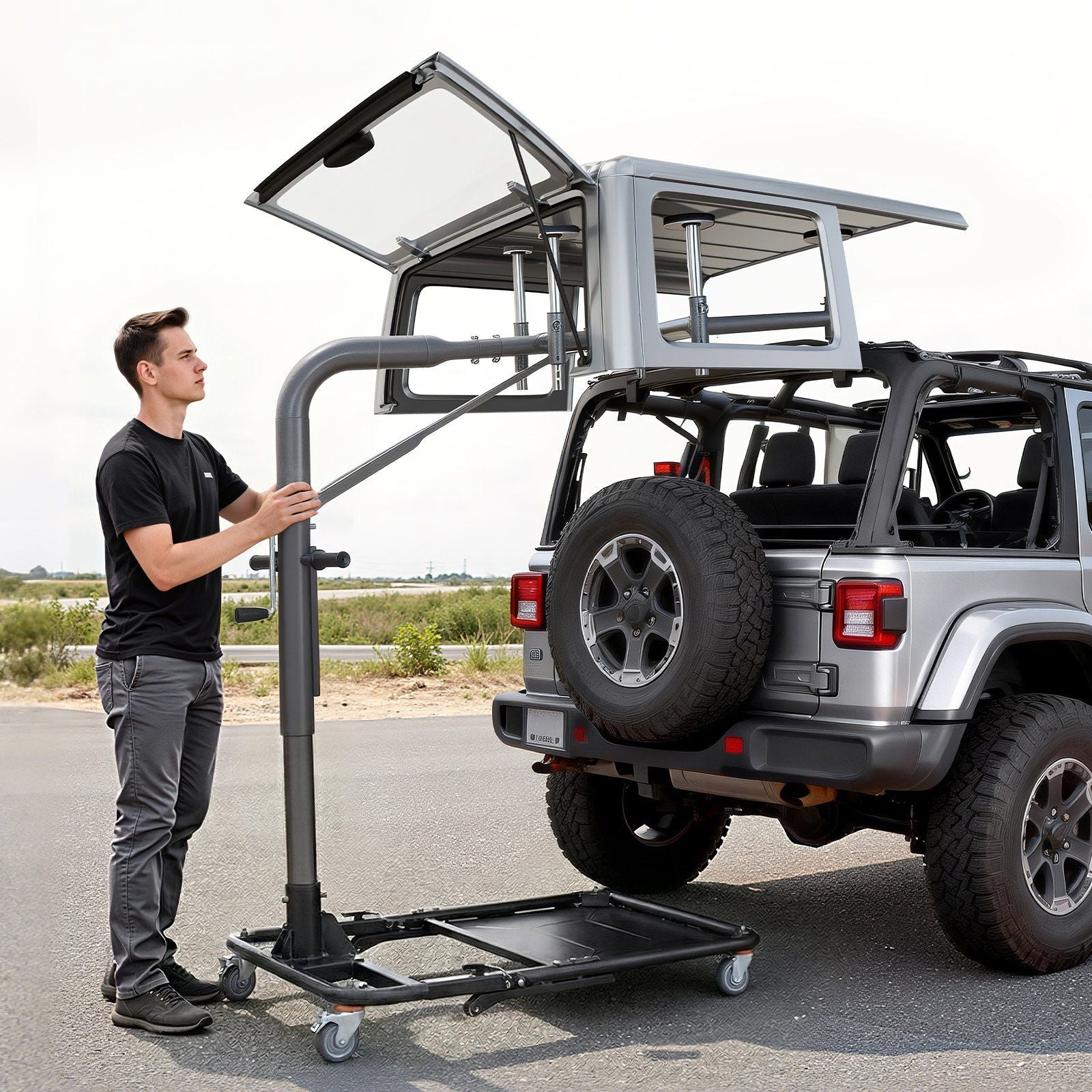 Hard Top Remover Lift, 99.79 kg, Foldable Jeep Hardtop Removal and Storage System, Easy One-Person Operation, Adjustable Height, for Jeep Wrangler YJ, TJ, JK, JL, 4XE, Ford Bronco 4 Door &6 Gen+