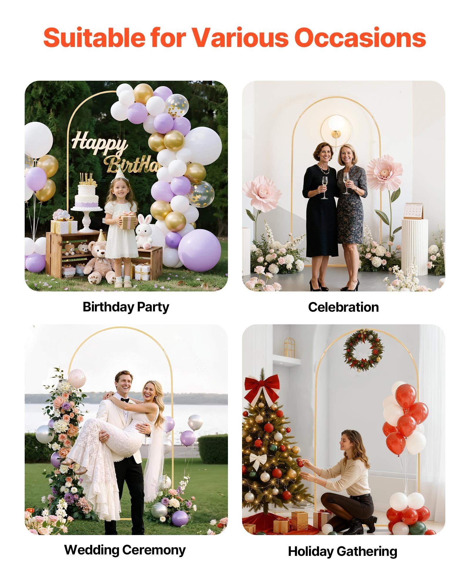 VEVOR Arch Backdrop Stand, 2.2 x 1.2 m, Stable Structure, Easy Assembly, 1 Set Gold Metal Arch Backdrop Stand for Wedding, Birthday Party, Graduation, Holiday Celebration, and Ceremony Decoration