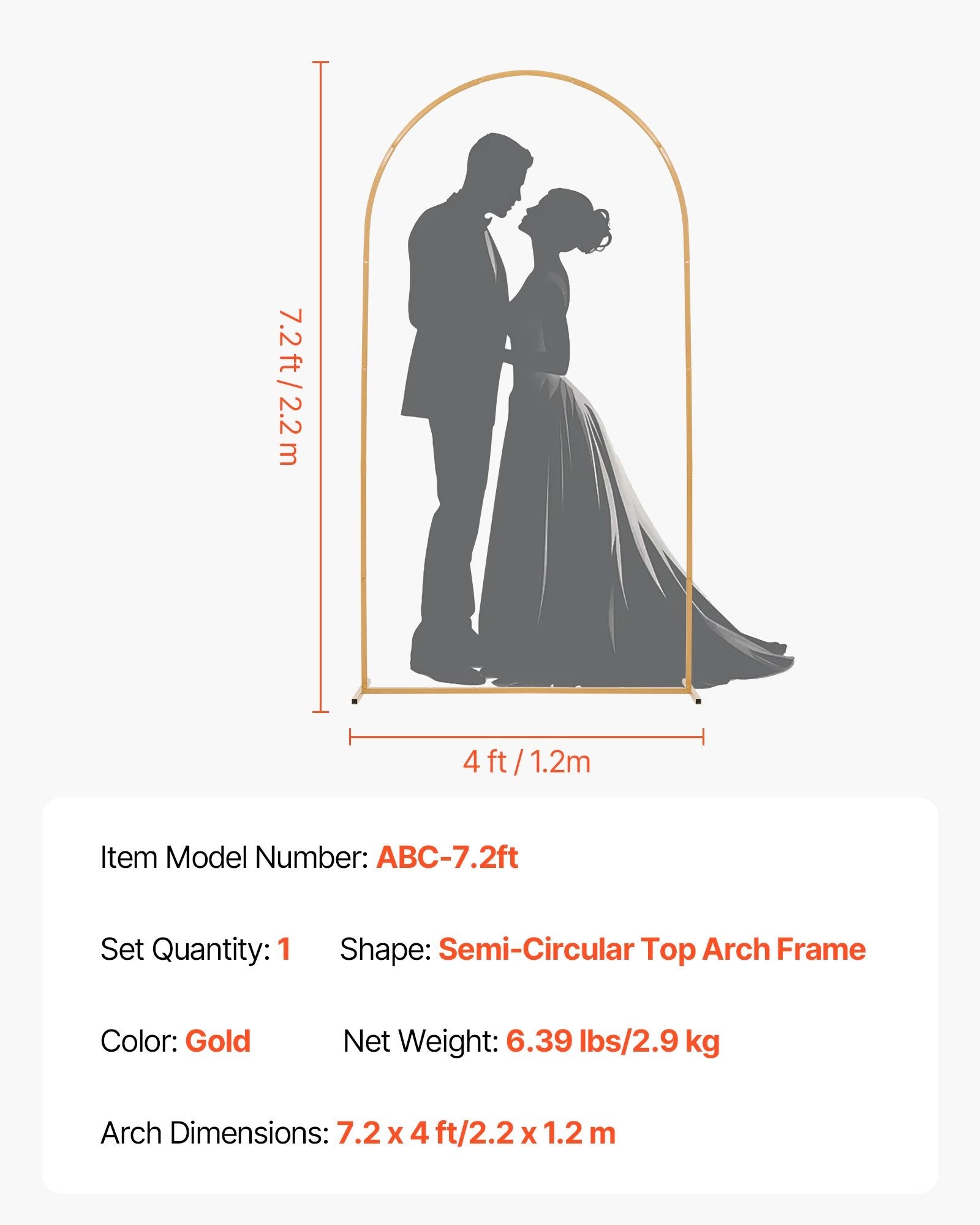 VEVOR Arch Backdrop Stand, 2.2 x 1.2 m, Stable Structure, Easy Assembly, 1 Set Gold Metal Arch Backdrop Stand for Wedding, Birthday Party, Graduation, Holiday Celebration, and Ceremony Decoration