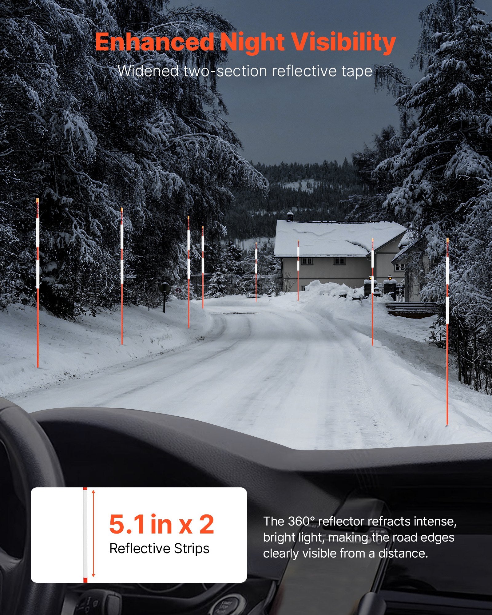 VEVOR Driveway Markers, 500Pcs 122cm Long 6.35mm Dia, Hi-Visibility Driveway Reflectors with 12 in Steel Drill Bits, Reflective Snow Sticks Fiberglass Pole for Parking Lots, Walkways, Snow Plowing