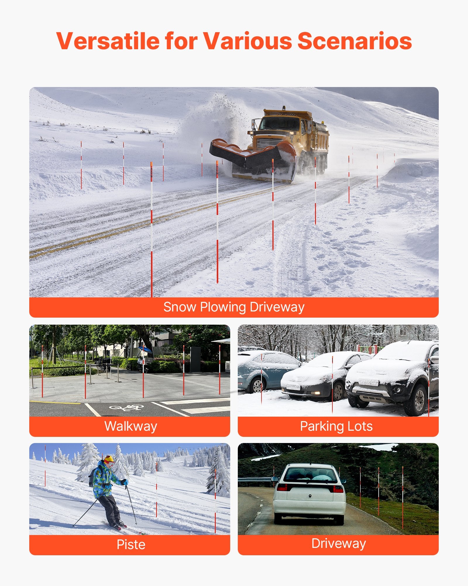 VEVOR Driveway Markers, 500Pcs 122cm Long 6.35mm Dia, Hi-Visibility Driveway Reflectors with 12 in Steel Drill Bits, Reflective Snow Sticks Fiberglass Pole for Parking Lots, Walkways, Snow Plowing