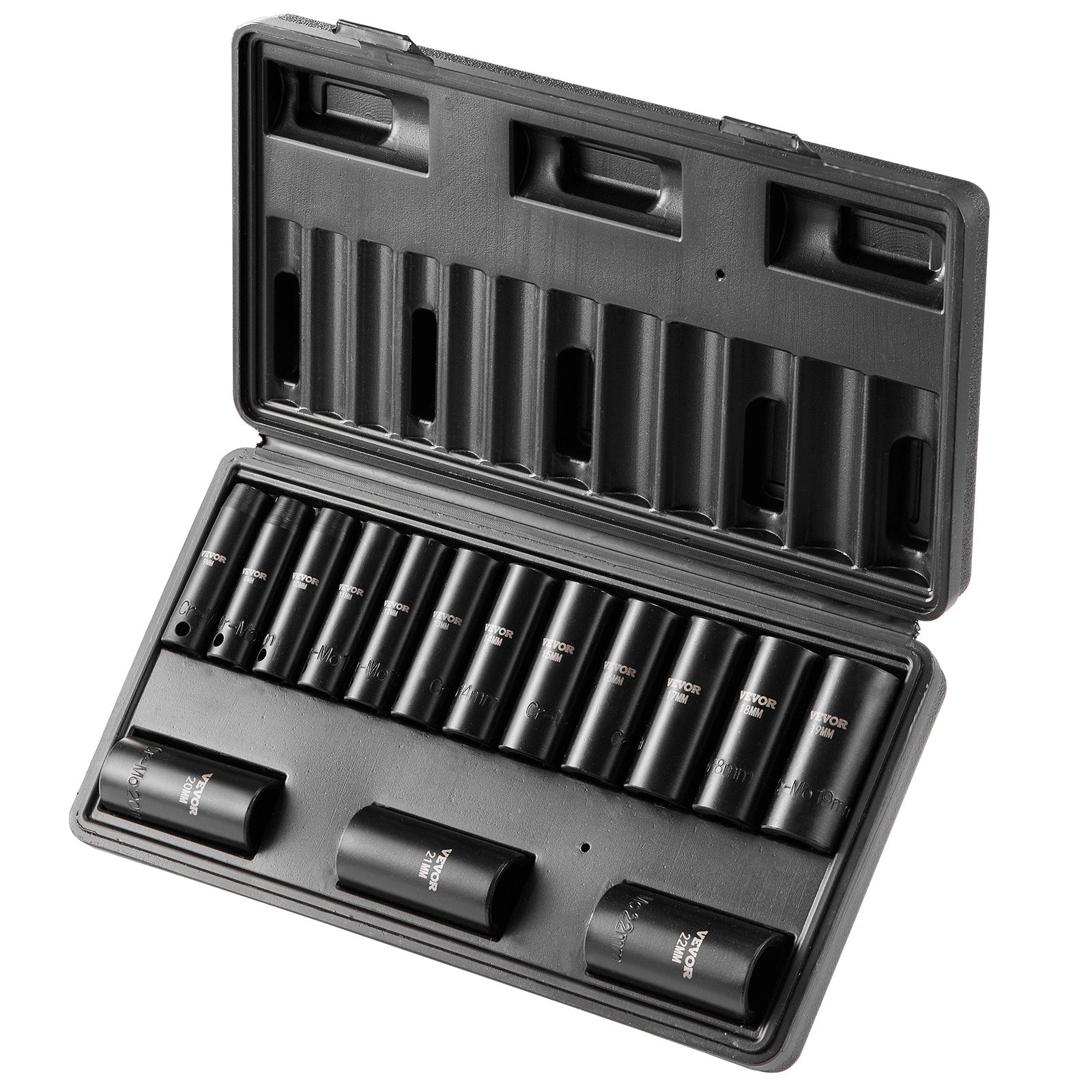 VEVOR 3/8" Drive Impact Socket Set, 15 Piece Deep Socket Set Metric 8-22mm, 6 Point Cr-Mo Alloy Steel for Auto Repair, Easy-to-Read Size Markings, Rugged Construction, Includes Storage Case