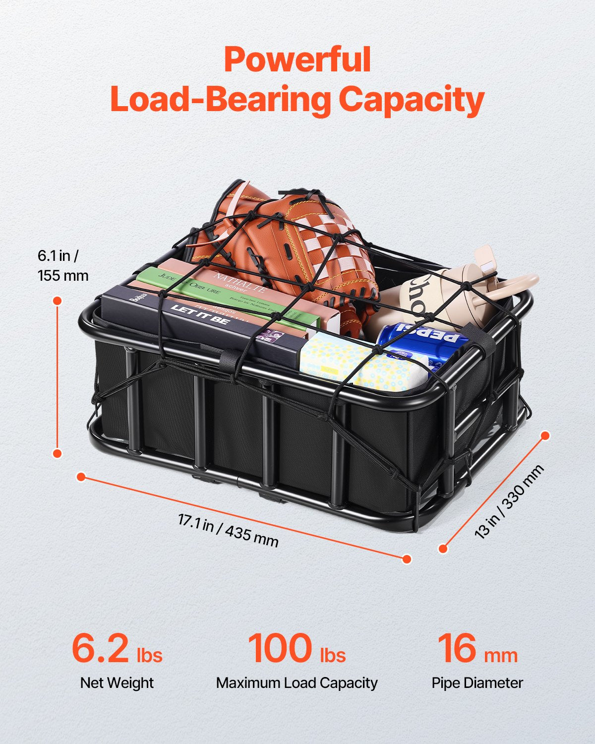 VEVOR Rear Bike Basket, Medium Bicycle Basket with Cargo Net, Liner & Waterproof Cover, Heavy Duty Bike Back Basket for Adult Women/Men Carrying Dogs, Pets, Fruit & Grocery, Mounting Tools Included