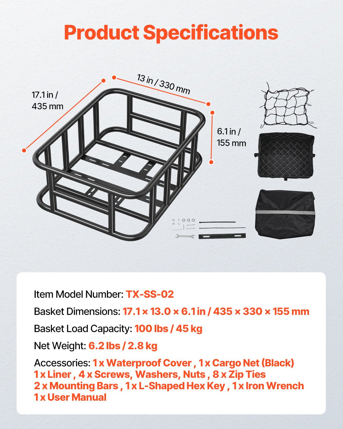 VEVOR Rear Bike Basket, Medium Bicycle Basket with Cargo Net, Liner & Waterproof Cover, Heavy Duty Bike Back Basket for Adult Women/Men Carrying Dogs, Pets, Fruit & Grocery, Mounting Tools Included
