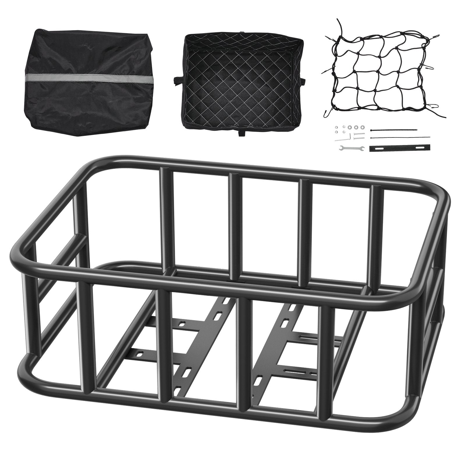 VEVOR Rear Bike Basket, Medium Bicycle Basket with Cargo Net, Liner & Waterproof Cover, Heavy Duty Bike Back Basket for Adult Women/Men Carrying Dogs, Pets, Fruit & Grocery, Mounting Tools Included