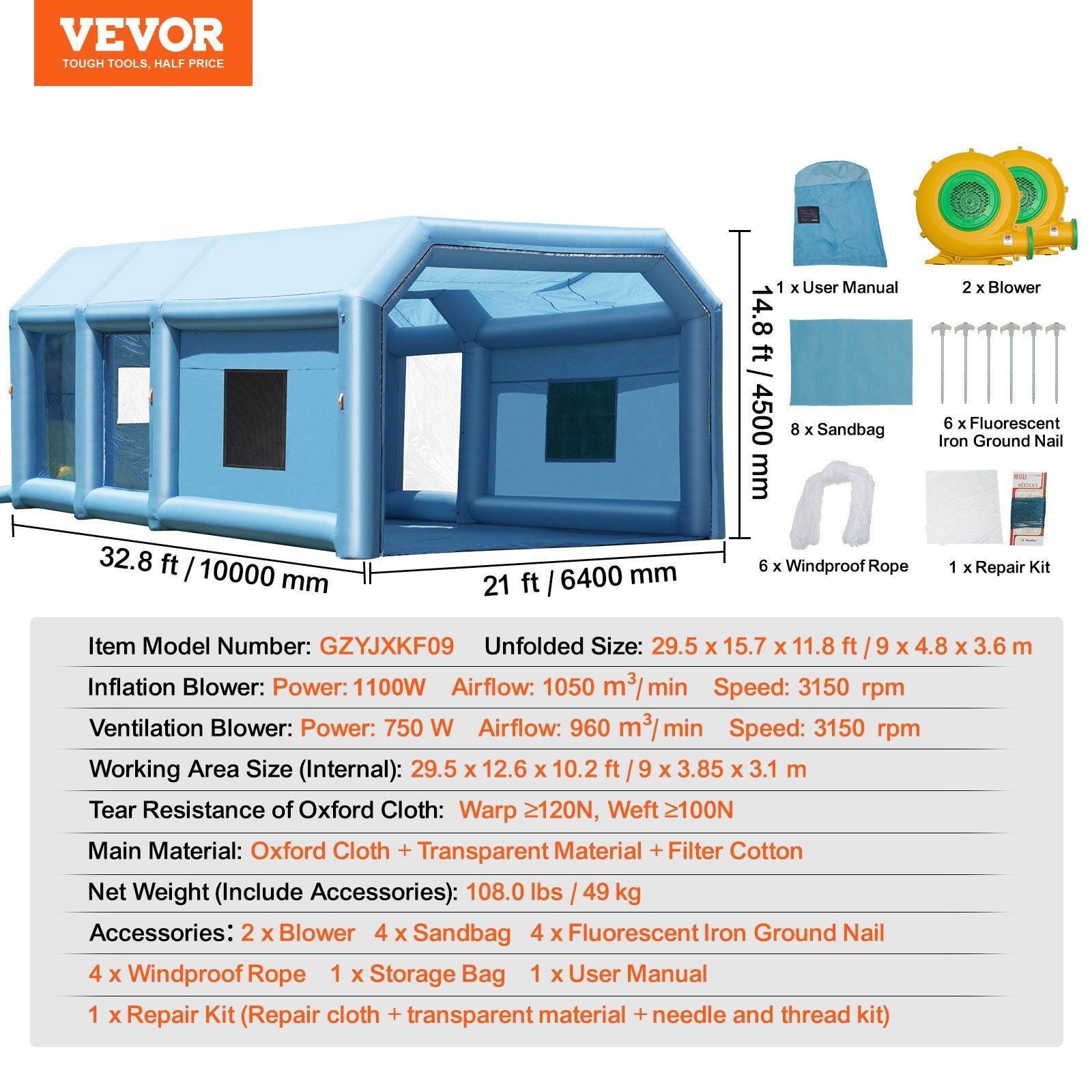 Inflatable Paint Booth, 32.8 x 21 x 14.8 ft Inflatable Spray Booth, with 1100W+750W Powerful Blowers and Air Filter System, Portable Car Paint Booth for Large Truck, Large Van, Large Machinery