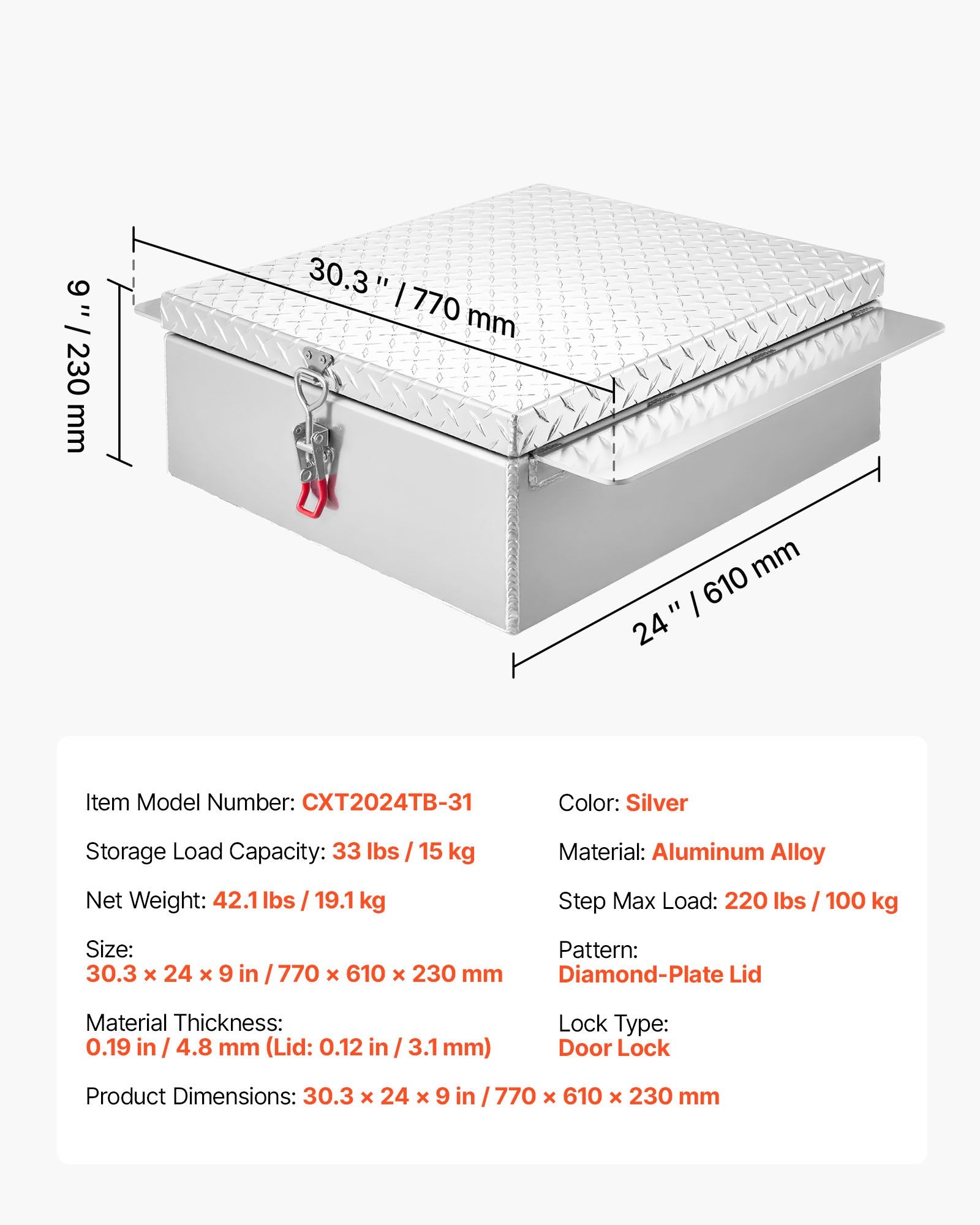 VEVOR Truck Bed Tool Box, Heavy Duty Aluminum Tool Box with Diamond Plate, Storage Toolbox Chest Organizer Supports up to 100 kg, Ideal for Pickup, Truck Bed, RV, Trailer, 770 x 610 x 230 mm, Silver