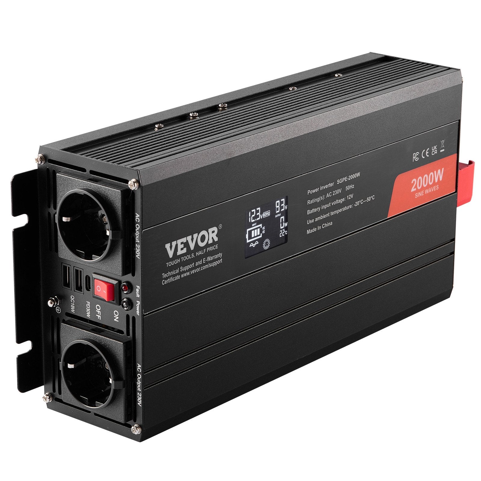 VEVOR Pure Sine Wave Inverter, 2000 Watt,  Power Inverter with 2 AC Outlets 2 USB Port 1 Type-C Port, LCD Display and Remote Controller for Medium-Sized Household Equipment, CE FCC