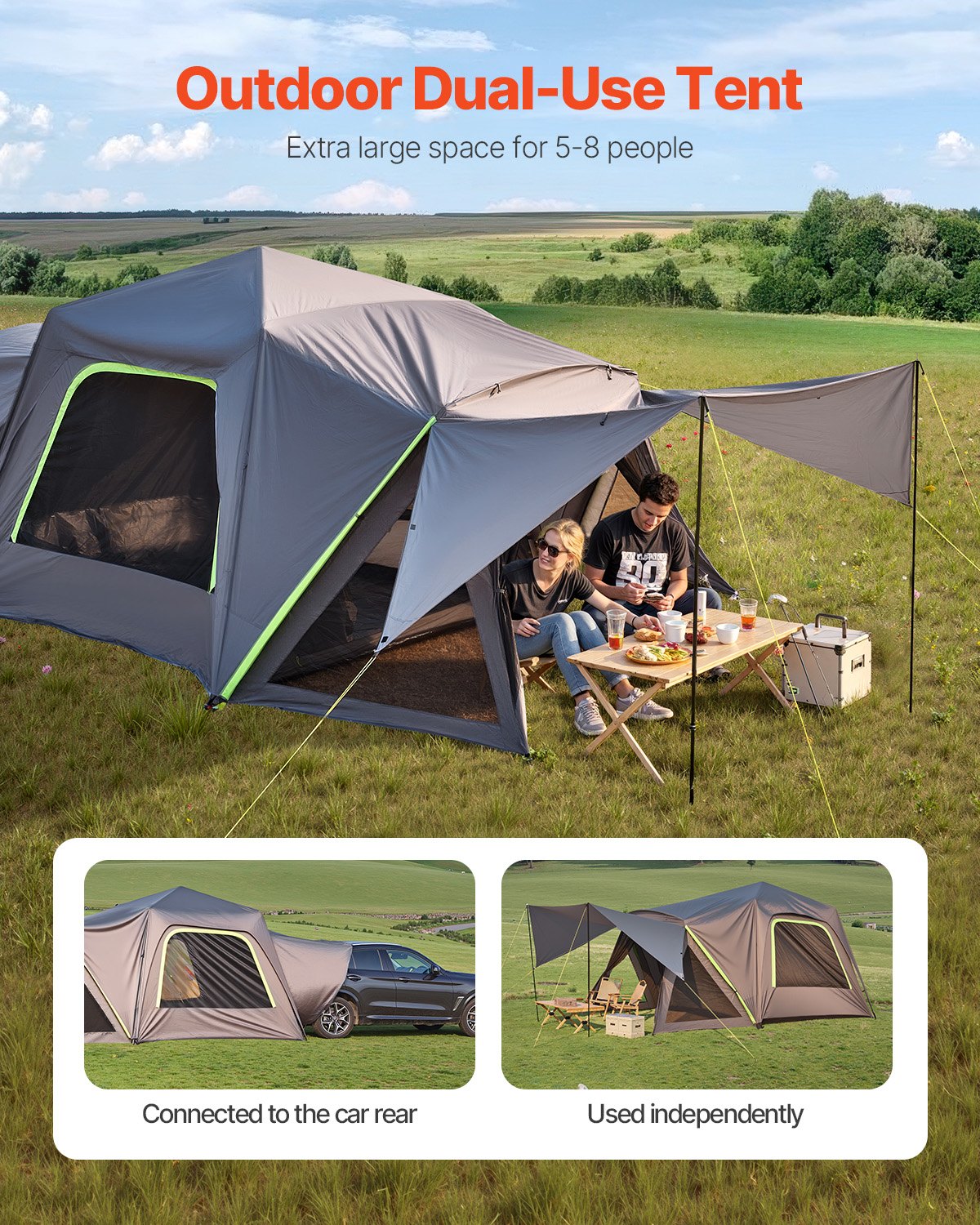 VEVOR SUV Tent for Camping, 10FT L x 10FT W, Waterproof PU2000mm Spacious Double Layer Design for 5-8 Person, SUV Camping Tent with Shade Awning and Mesh Windows, Includes Rainfly and Storage Bag