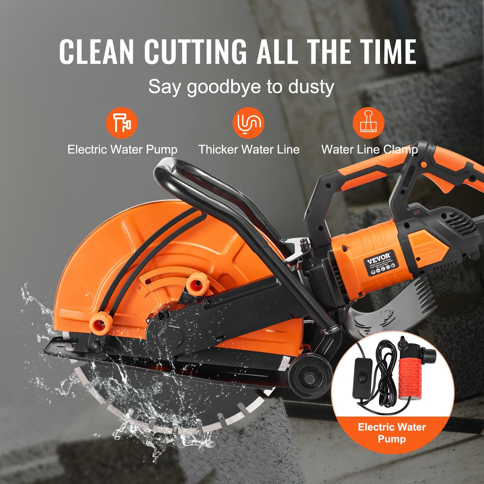VEVOR Electric Concrete Saw, 16 in, 2800 W 15 A Motor Circular Saw Cutter with Max. 6 in Adjustable Cutting Depth, Wet Disk Saw Cutter Includes Water Line, Pump and Blade, for Stone, Brick