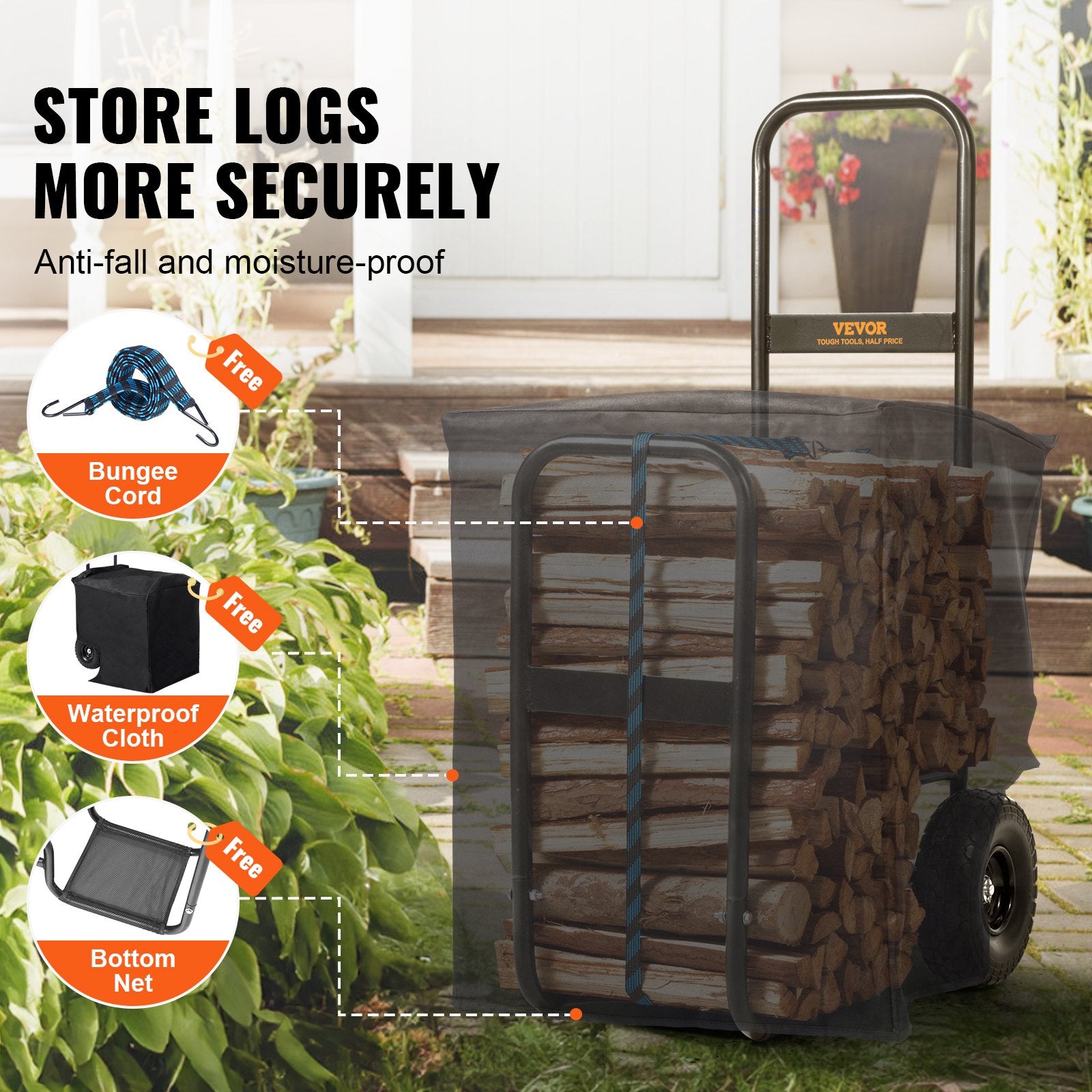 VEVOR Firewood Log Cart Wood Mover Hauler 250 lbs Capacity on PU Wheels Dolly