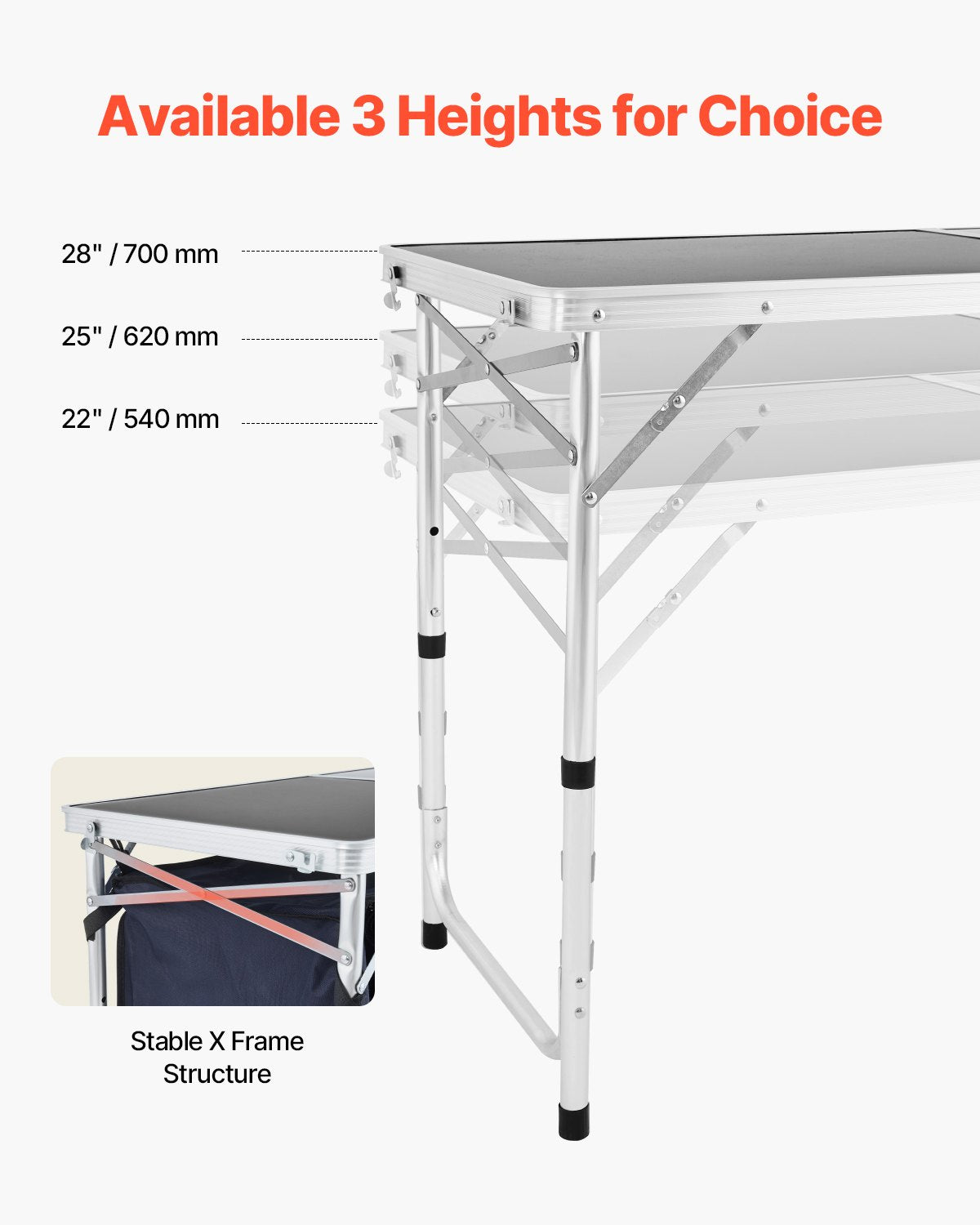 VEVOR Camping Kitchen Table, Folding Outdoor Cooking Table, 3 Adjustable Height, Aluminum Lightweight Portable Cook Station with Storage Organizer, Carry Handle, for BBQ Party Picnic RV Travel, Blue