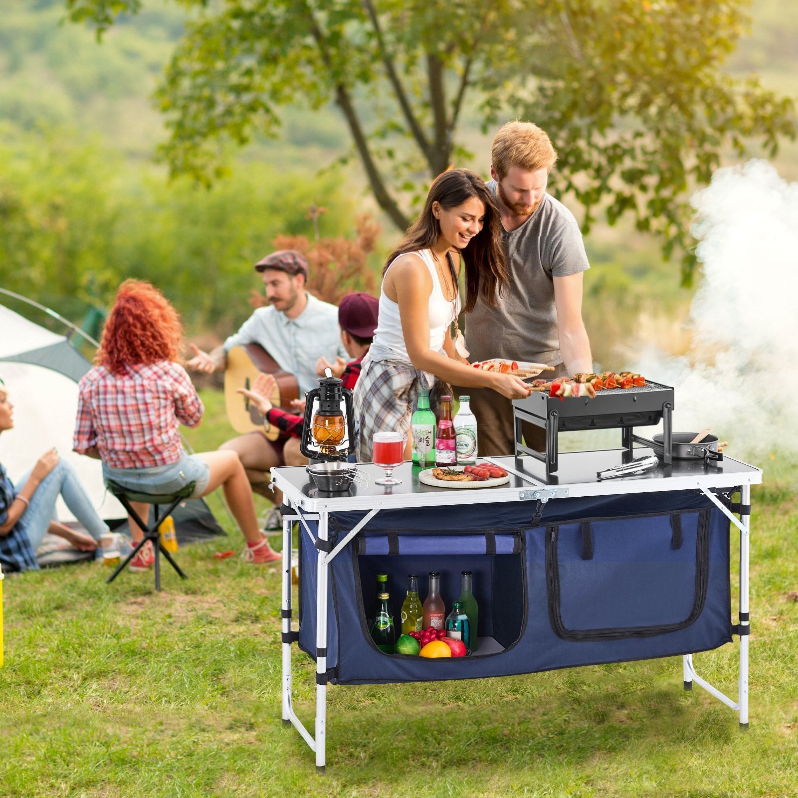 VEVOR Camping Kitchen Table, Folding Outdoor Cooking Table, 3 Adjustable Height, Aluminum Lightweight Portable Cook Station with Storage Organizer, Carry Handle, for BBQ Party Picnic RV Travel, Blue