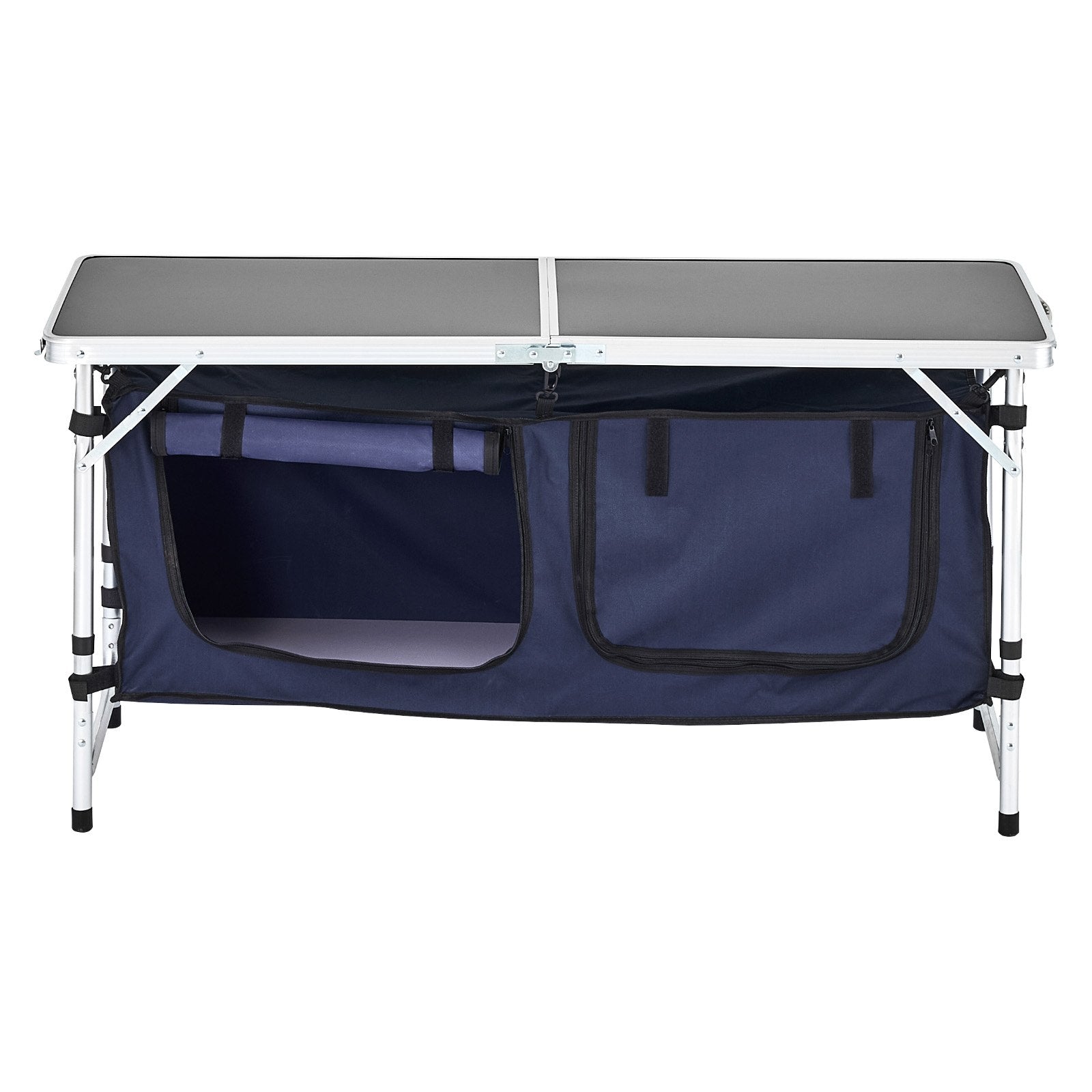 VEVOR Camping Kitchen Table, Folding Outdoor Cooking Table, 3 Adjustable Height, Aluminum Lightweight Portable Cook Station with Storage Organizer, Carry Handle, for BBQ Party Picnic RV Travel, Blue
