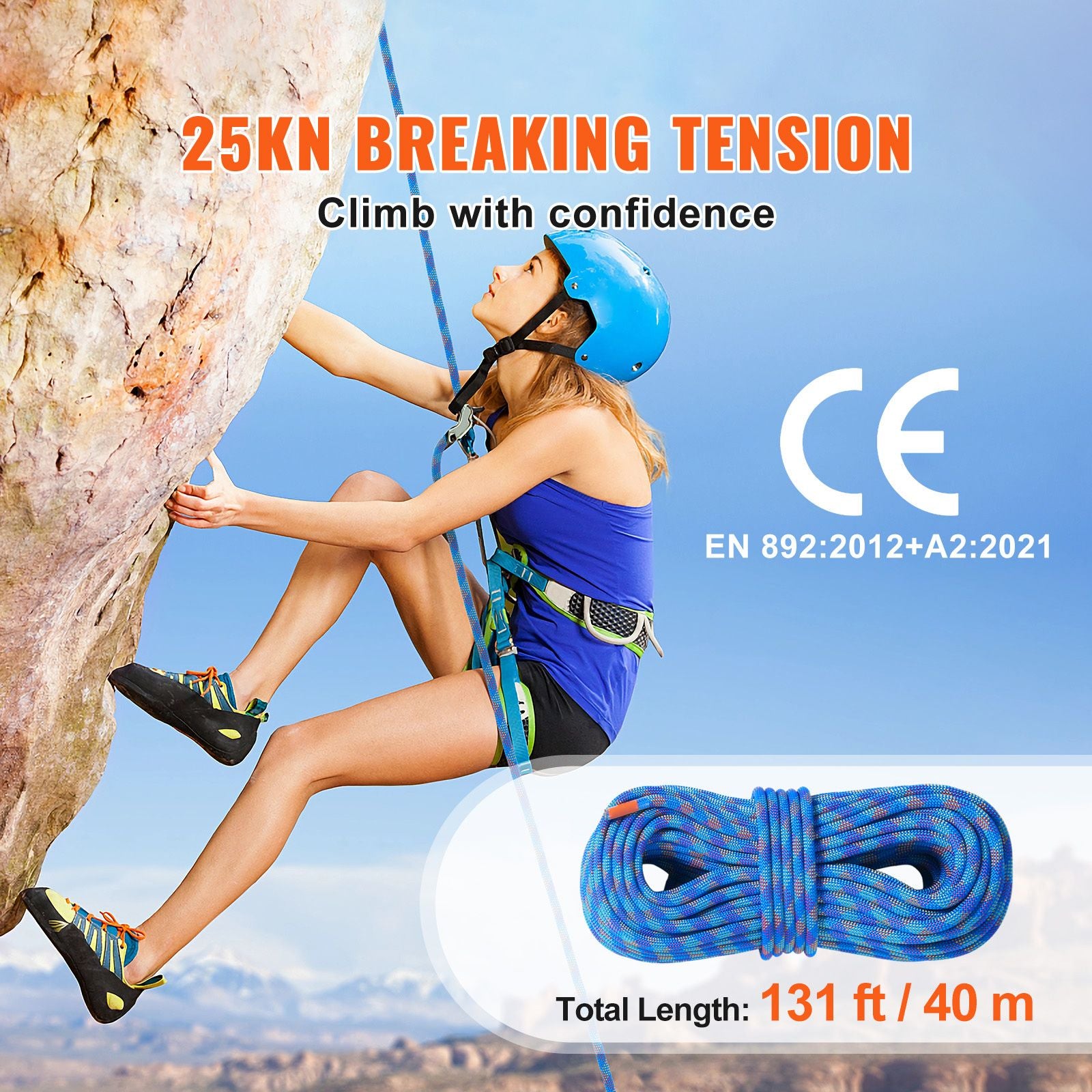 10.2mm Dynamic Climbing Rope, 40M(131ft) Outdoor Rock Climbing Rope 25KN Breaking Tension, Stretchable Fiber Rope with Steel Snap Hooks for Escape, Rappelling, Fire Rescue, Blue