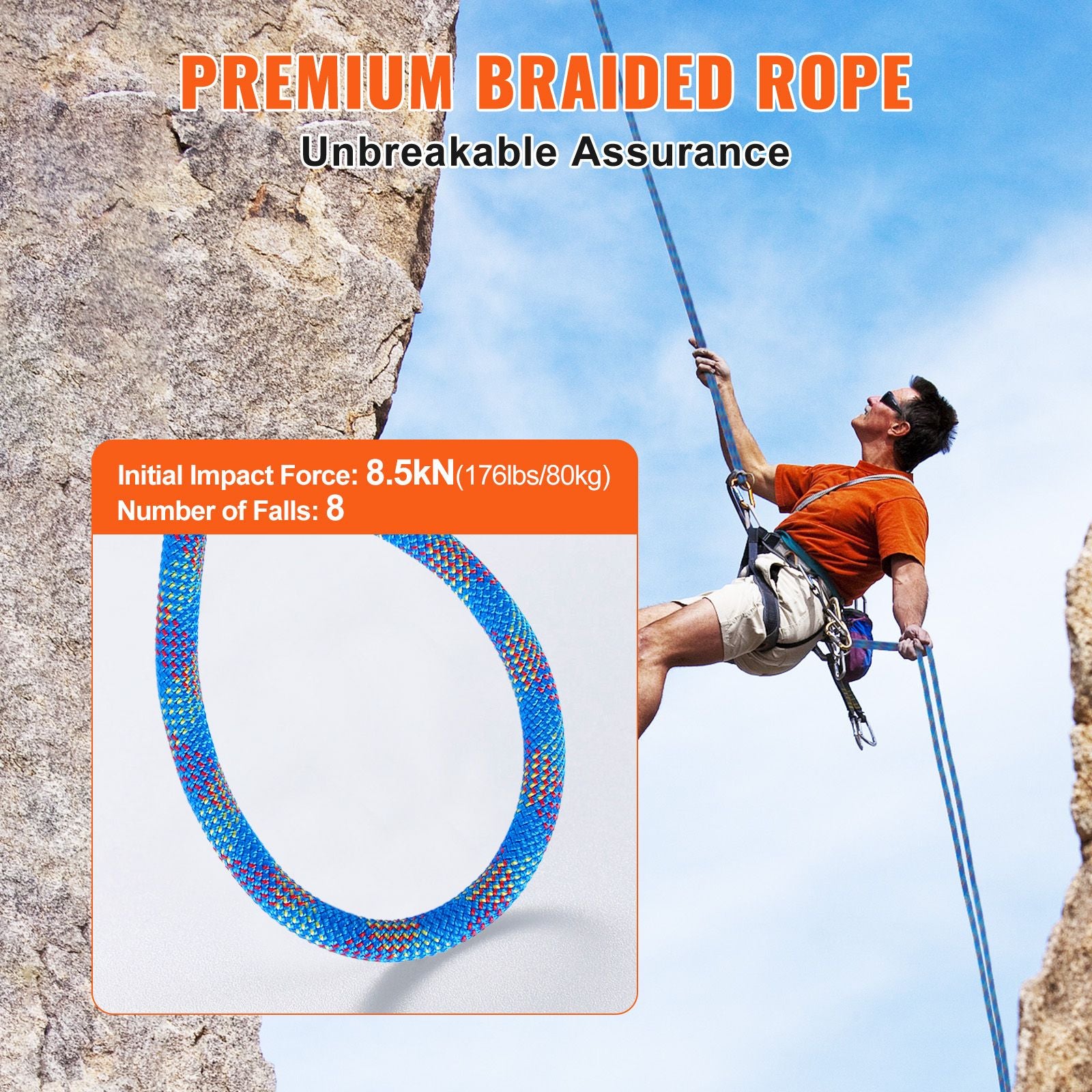 10.2mm Dynamic Climbing Rope, 40M(131ft) Outdoor Rock Climbing Rope 25KN Breaking Tension, Stretchable Fiber Rope with Steel Snap Hooks for Escape, Rappelling, Fire Rescue, Blue