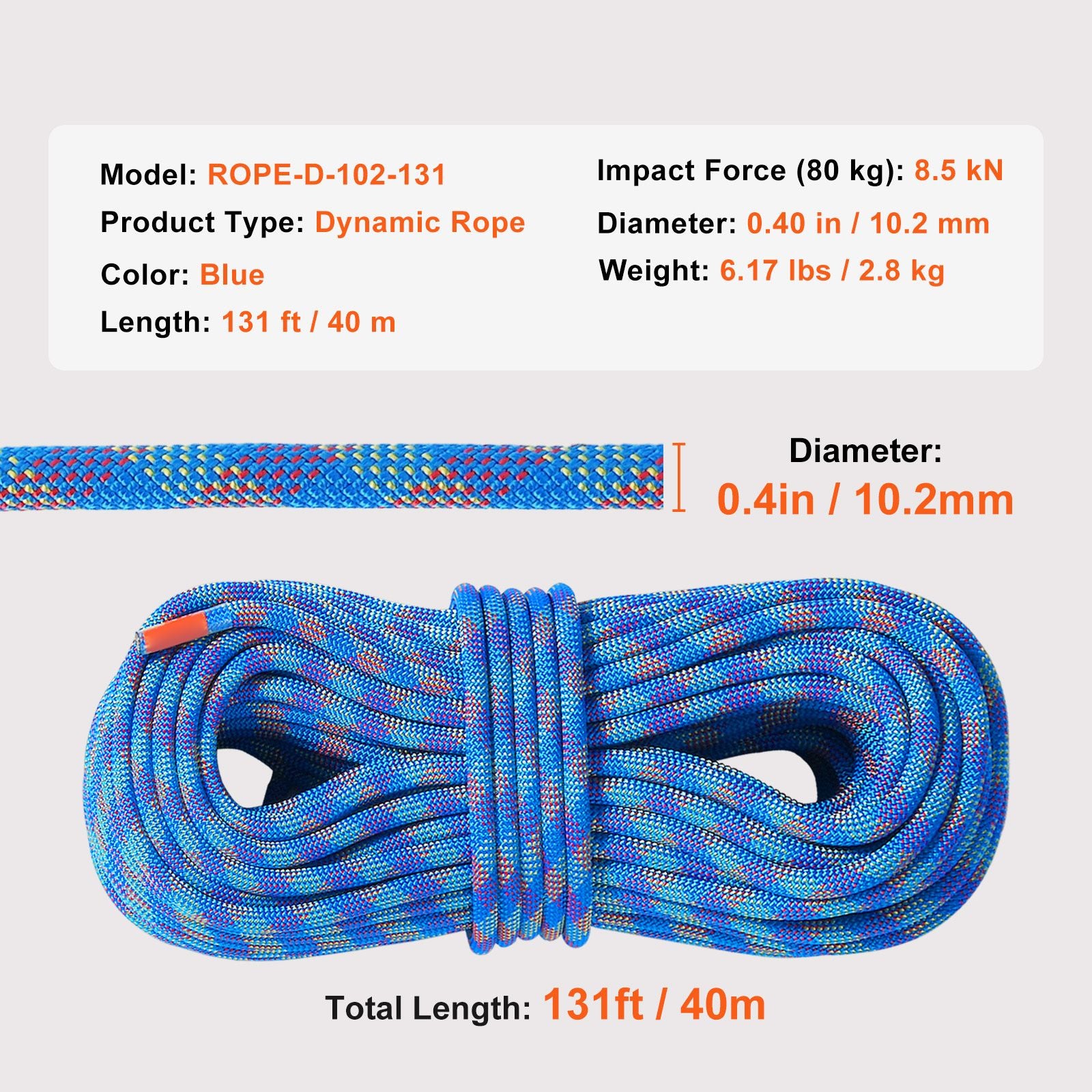 10.2mm Dynamic Climbing Rope, 40M(131ft) Outdoor Rock Climbing Rope 25KN Breaking Tension, Stretchable Fiber Rope with Steel Snap Hooks for Escape, Rappelling, Fire Rescue, Blue