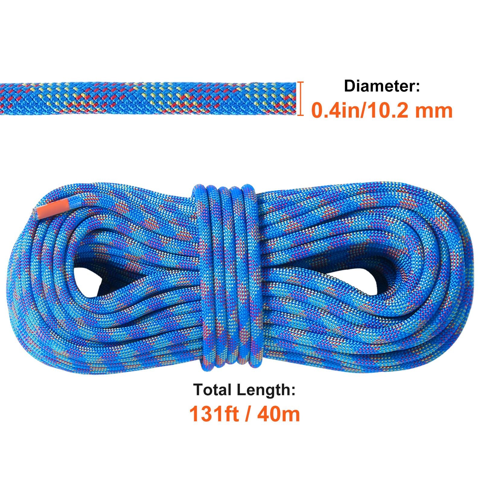 10.2mm Dynamic Climbing Rope, 40M(131ft) Outdoor Rock Climbing Rope 25KN Breaking Tension, Stretchable Fiber Rope with Steel Snap Hooks for Escape, Rappelling, Fire Rescue, Blue