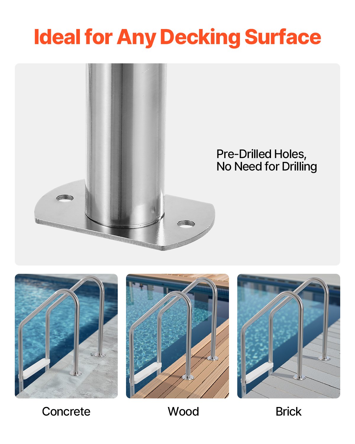 VEVOR Stainless Steel Pool Ladder 3-Step & 2 Handrails for 1219.2-1371.6 mm Pool