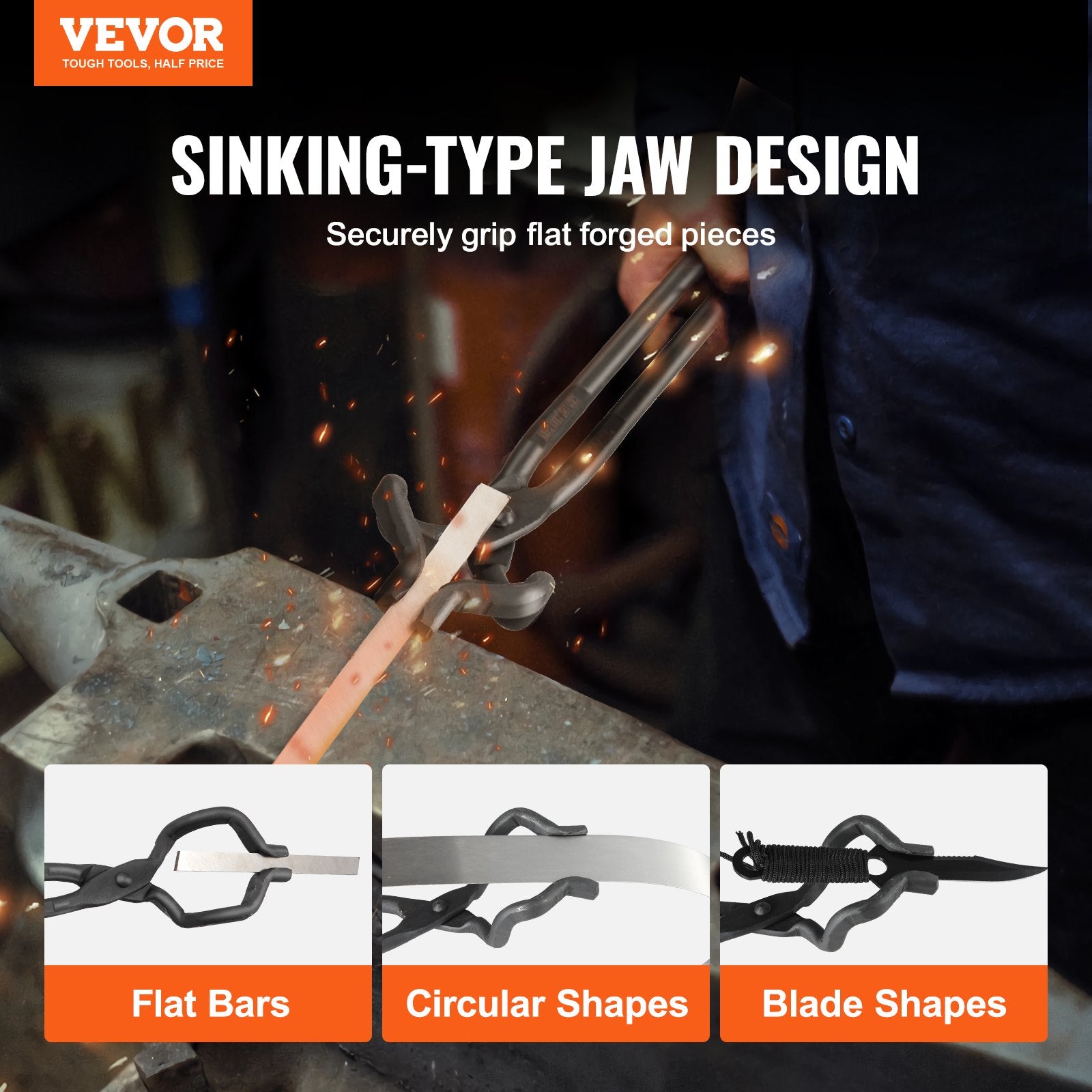 VEVOR Blacksmith Tongs, 463mm Z V-Bit Tongs, Carbon Steel Forge Tongs with A3 Steel Rivets, for Knife Blades, Long Pieces, Circular Forgings, for Beginner and Seasoned Blacksmiths and Bladesmiths